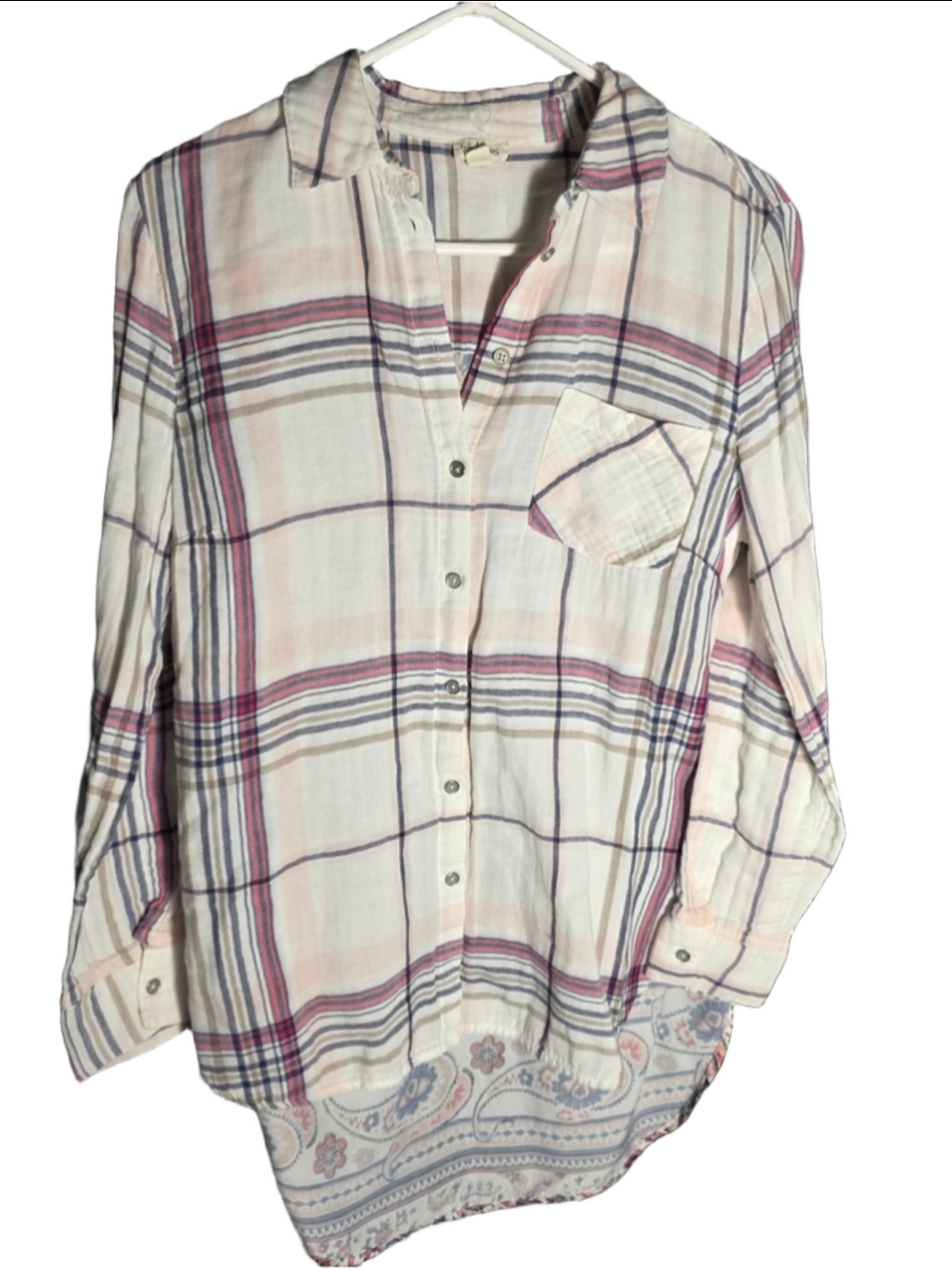 Women's Tribal Jeans White Pink Plaid Button Down Shirt M paisley country chic